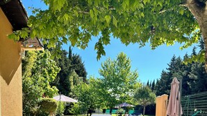 Un espacio al aire libre con mesa y sillas, rodeado de follaje y un cielo despejado.