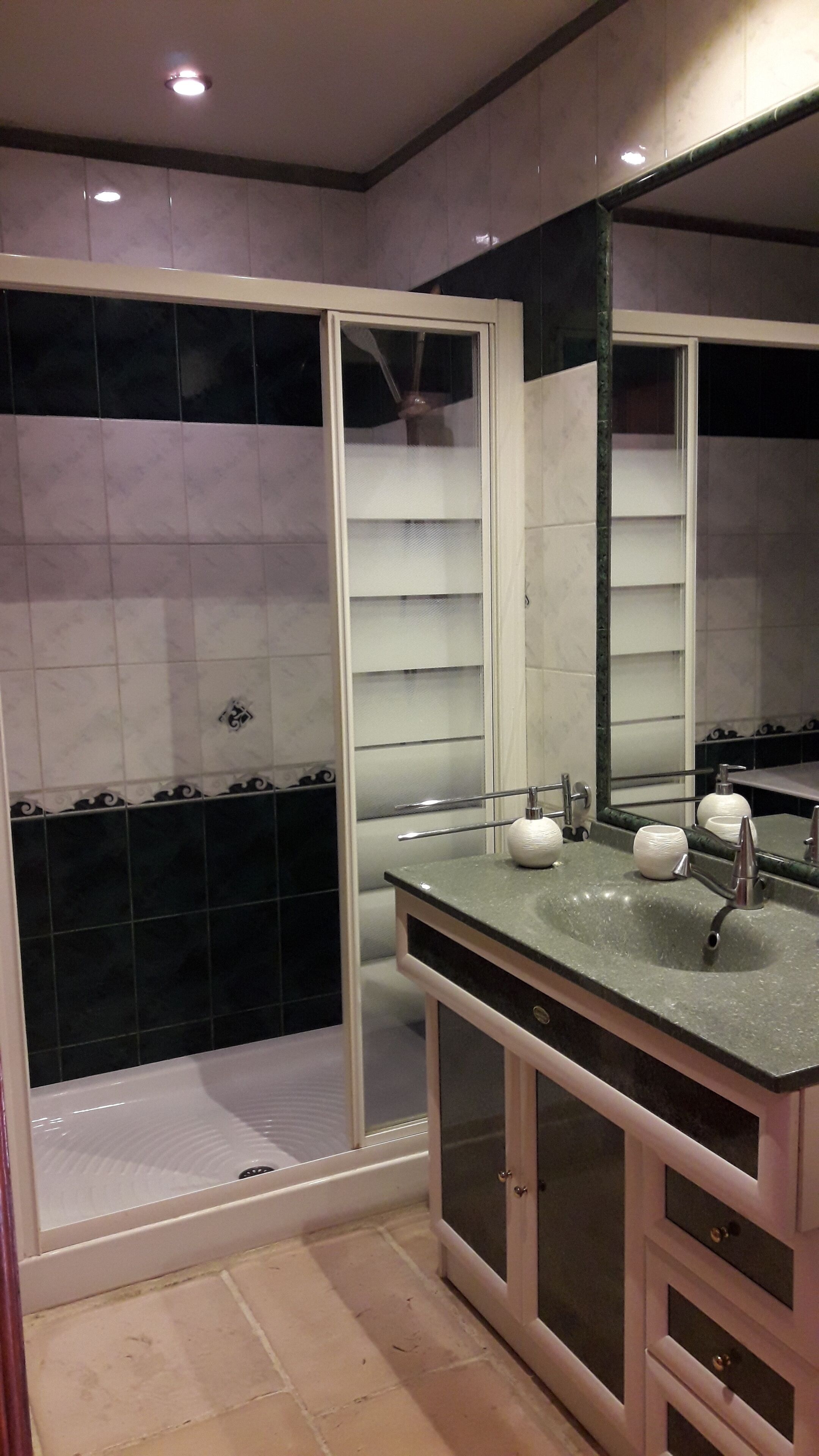A bathroom with a shower, a sink, and a mirror.