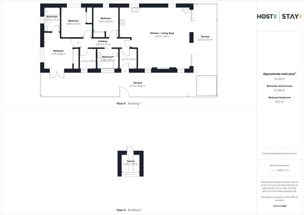 A floor plan of a building with two bedrooms, a bathroom, a kitchen, a living area, a terrace, and a sauna. - Host Stay Brian Clough Lodge (Middlesbrough)