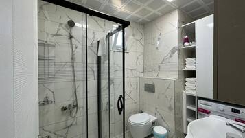 A modern bathroom with a glass-enclosed shower, a toilet, and a sink.