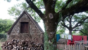 Ein rustikales Steinhaus mit einem dreieckigen Dach und einer Holztür, umgeben von einem Holzstoß und einem Holzzaun.