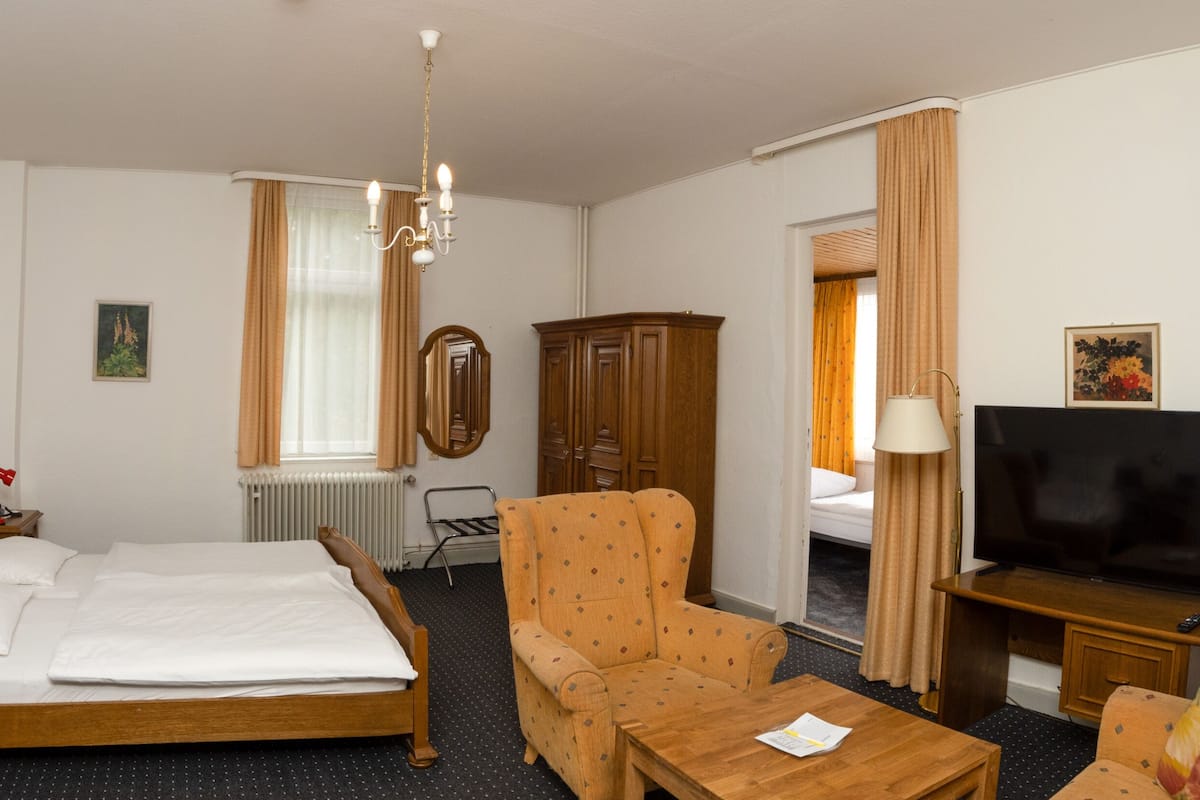 Una habitación de hotel con una cama, un sofá, un televisor, un escritorio y un espejo.