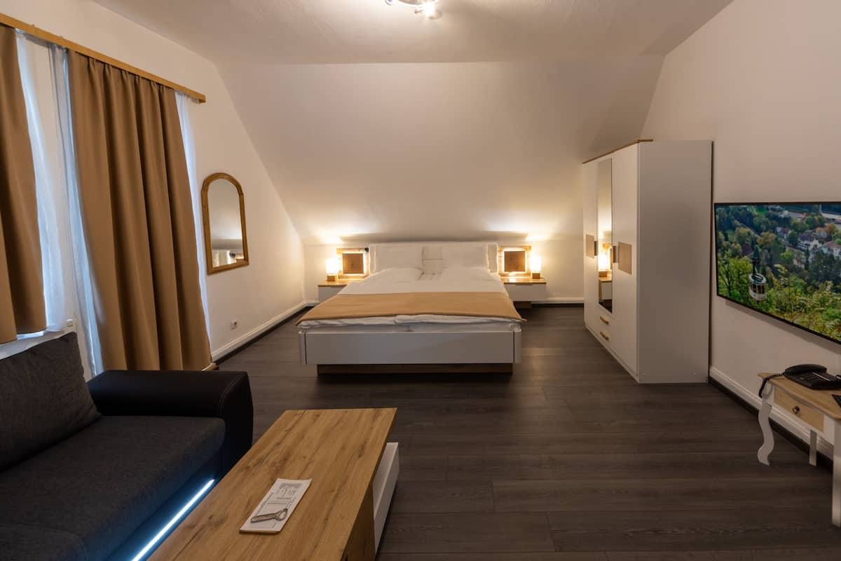 Habitación de hotel con una cama grande, televisión, escritorio, sofá y ventana con cortinas.