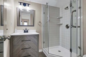 Shower, hair dryer, shampoo