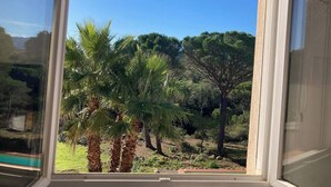 A window with a view of a garden with palm trees and other greenery.