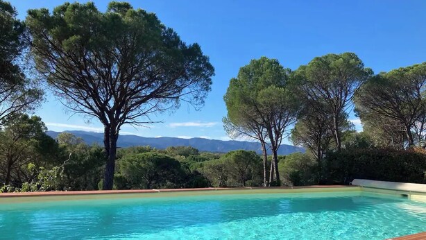 A clear swimming pool with a wooden deck, surrounded by trees and a view of distant mountains.