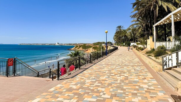 Un paseo marítimo con sendero de baldosas, palmeras y una playa al fondo.