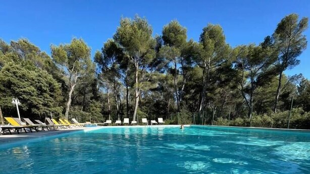 Ein klarer, blauer Pool, umgeben von Bäumen, mit Liegestühlen am Ufer.
