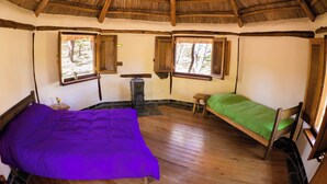 A room with a thatched roof, wooden walls, and two beds.