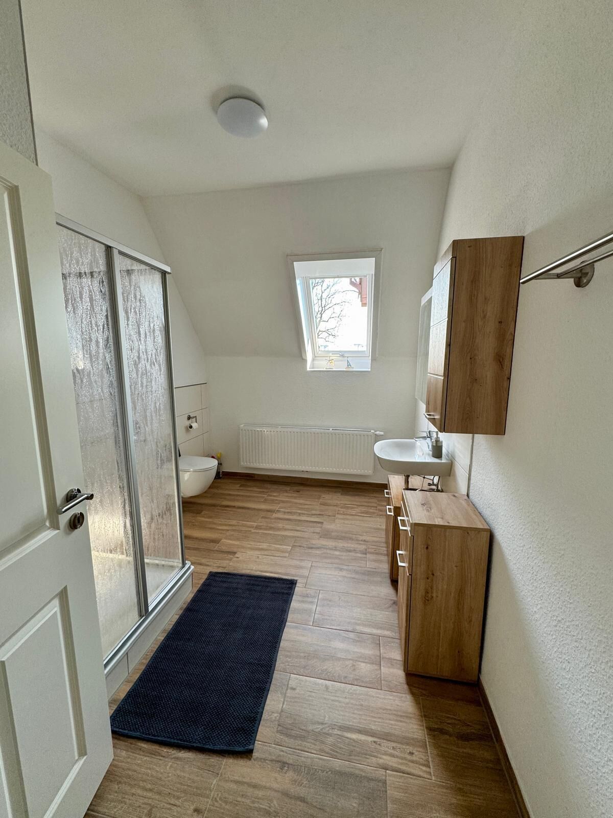 Shower, towels, soap, toilet paper