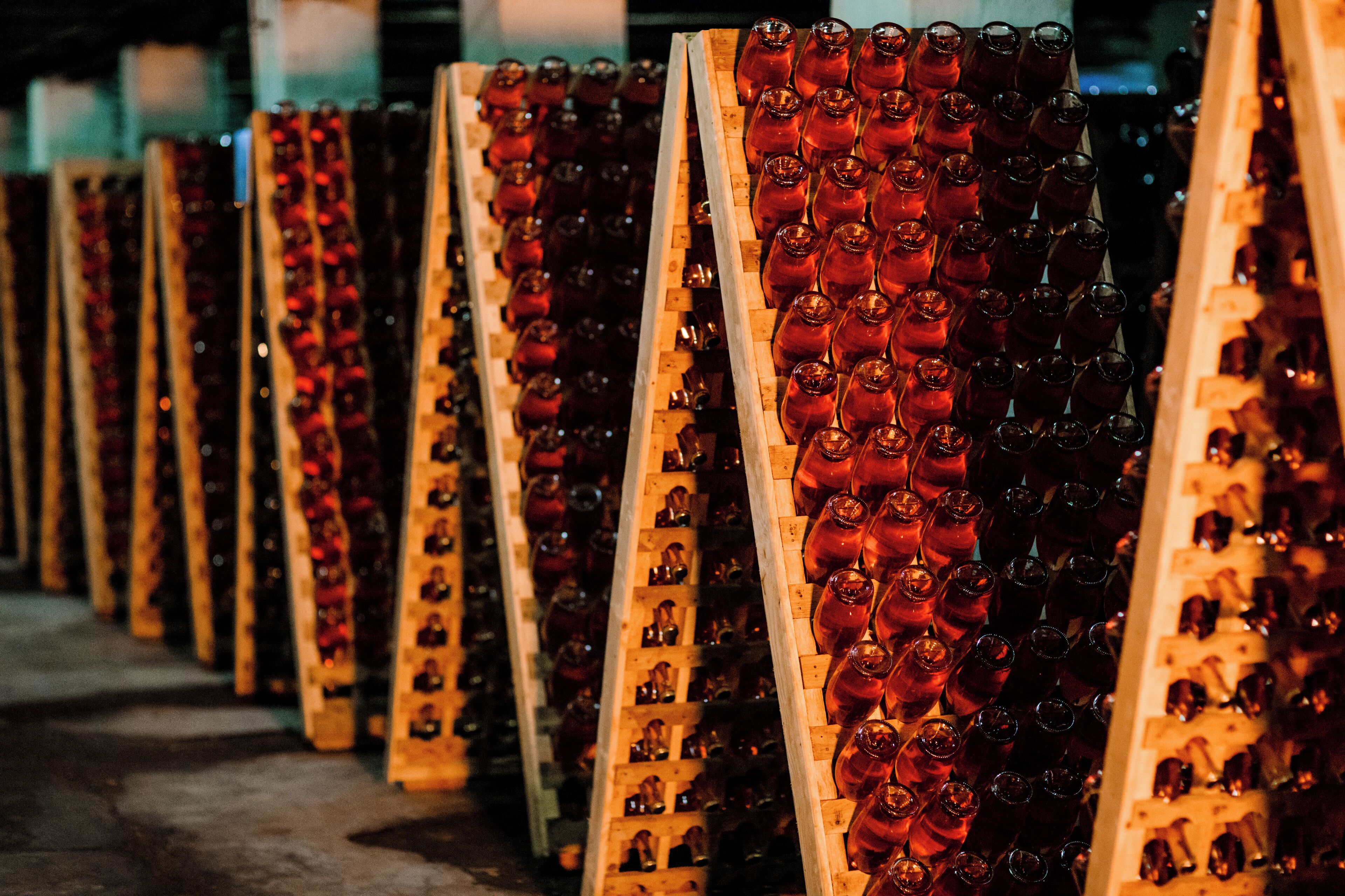 Rows of wooden racks holding numerous bottles.