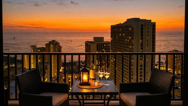 Ein Balkon mit Tisch für zwei Personen, mit Blick auf eine Stadtlandschaft und das Meer bei Sonnenuntergang.