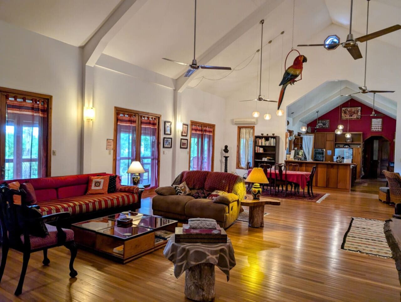 TV, fireplace, books, offices