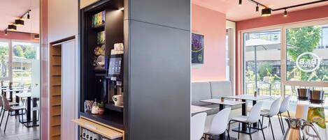 A modern café interior with a coffee machine, seating area, and a view of the outdoors.