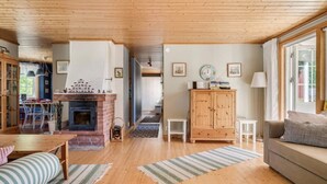 Een gezellige woonkamer met een open haard, houten meubels en uitzicht op de omgeving.