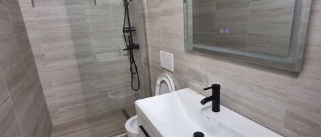 A modern bathroom with a white sink, a glass shower enclosure, and a toilet.