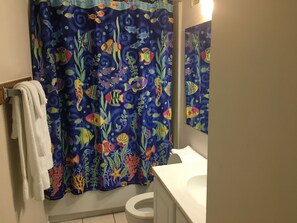 Douche, serviettes fournies, savon, papier toilette