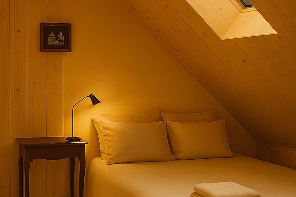 Dobbeltrom – comfort, 1 dobbeltseng, kjæledyr tillatt, hageutsikt | Skrivebord, skrivebord for bærbar PC og blendingsgardiner