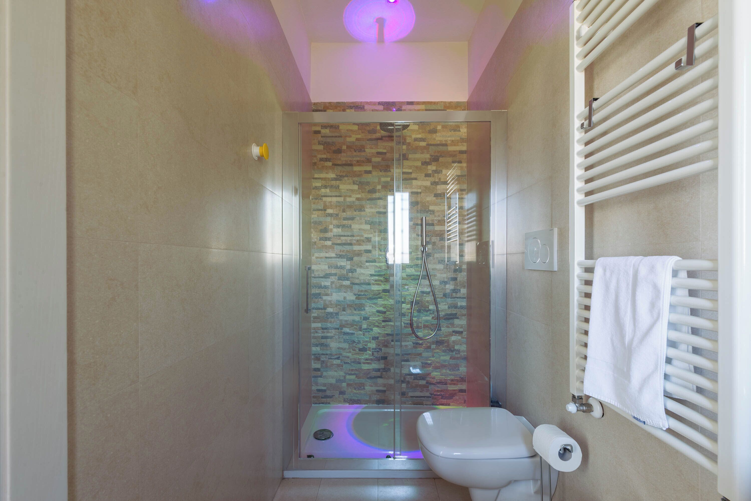 A modern bathroom with a glass-enclosed shower, a toilet, and a towel rack.