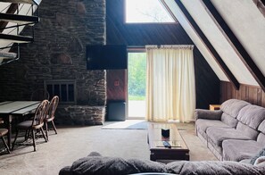 Smart TV, fireplace, books