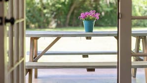 A doorway leading to an outdoor area with a table and a potted plant. - Stylish home in Little Rock (Little Rock)