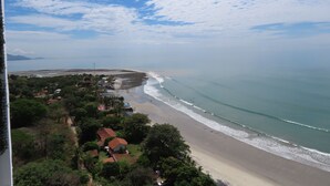 Paesaggio costiero con spiaggia, oceano e zona residenziale con case e vegetazione.