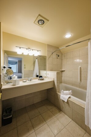 Hair dryer, towels, soap, shampoo
