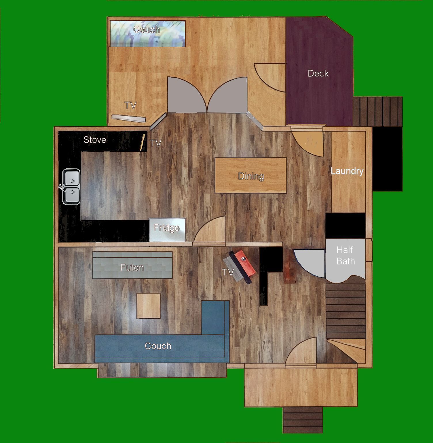 A floor plan of a house with labeled rooms including a living room, dining area, kitchen, and bathroom.