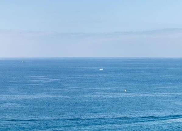 A view of a calm sea with a distant boat and a buoy.