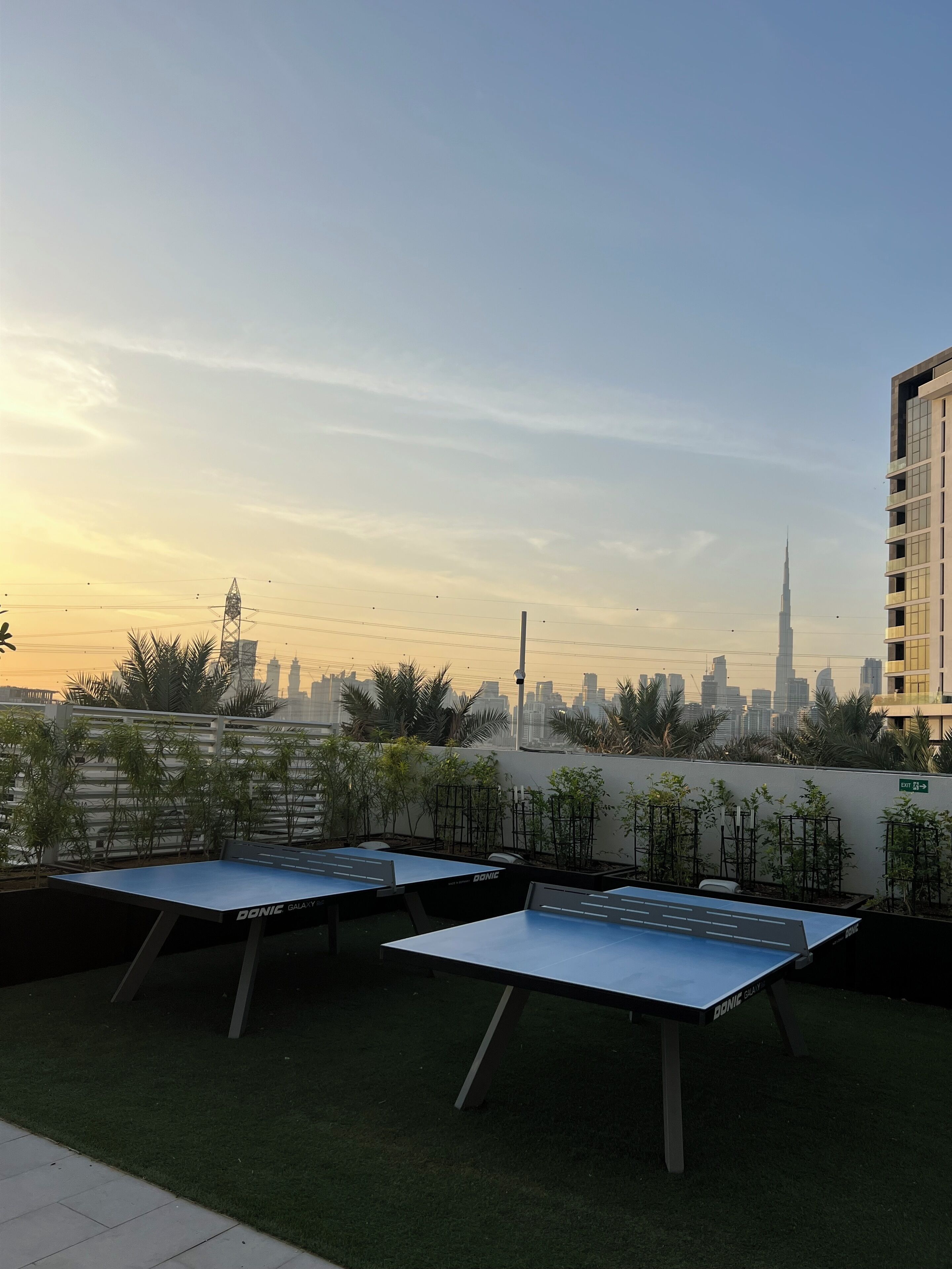 A rooftop terrace with two ping pong tables, a view of the city skyline, and a white wall with plants.
