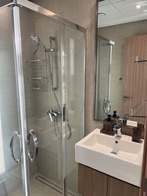 Hair dryer, towels, soap, toilet paper