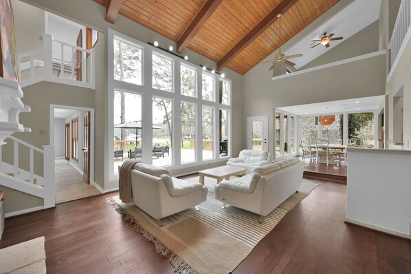 Smart TV, fireplace, books