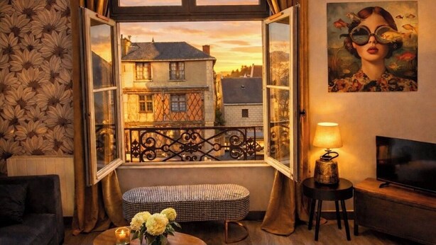Ein Zimmer mit großem Fenster, Fernseher, kleinem Tisch mit Lampe und einem Gemälde an der Wand.
