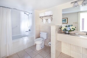 Hair dryer, towels, soap, shampoo