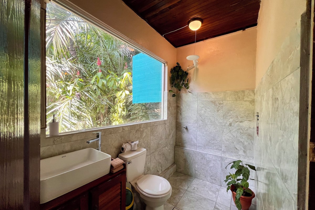 Shower, towels, soap, shampoo
