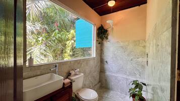 Shower, towels, soap, shampoo