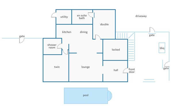 Et plan over et hotel, der viser pool, restaurant, køkken, lounge og praktiske områder.