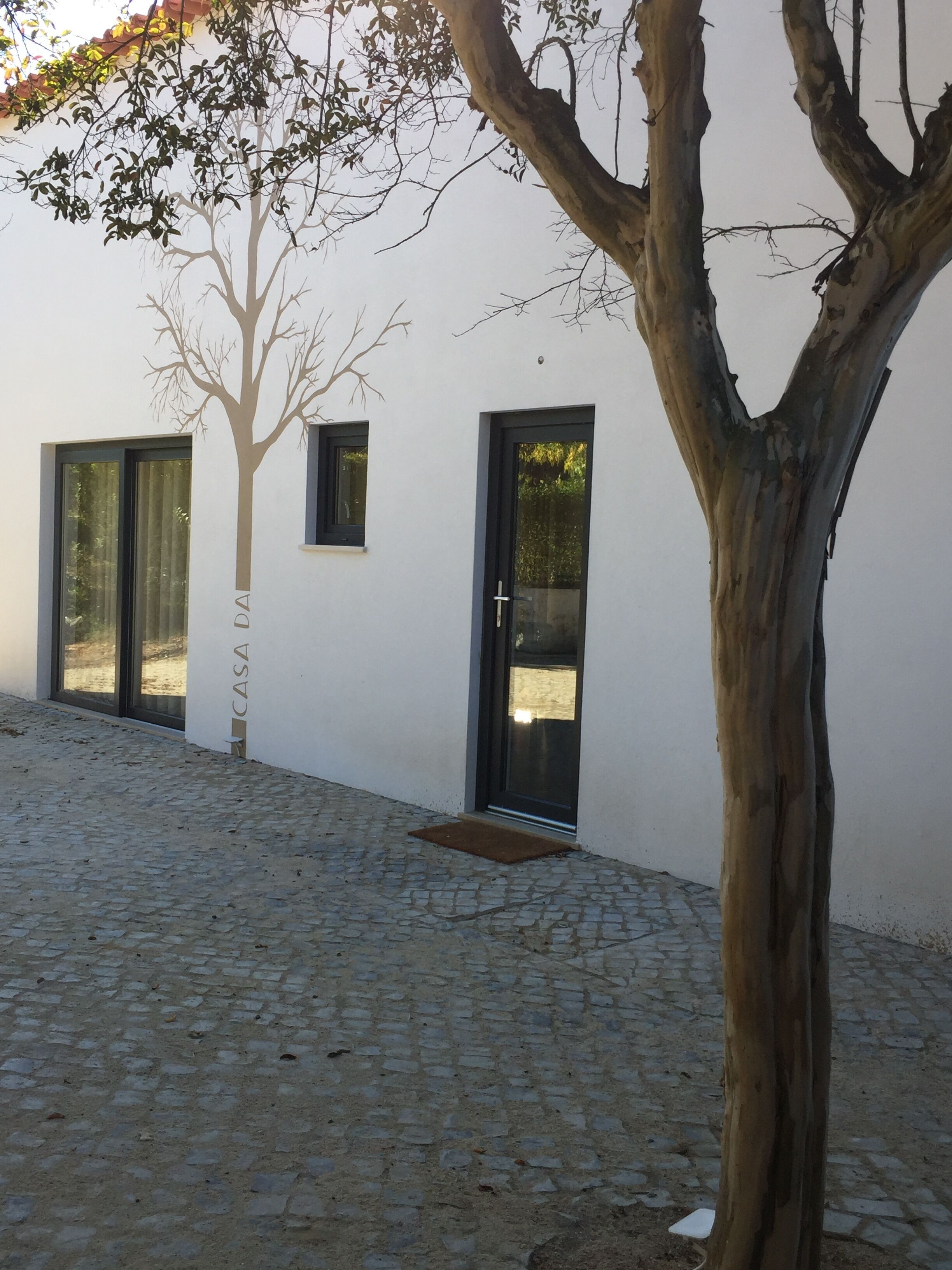 A building with a cobblestone entrance, a tree in front, and a door with a window to the left.