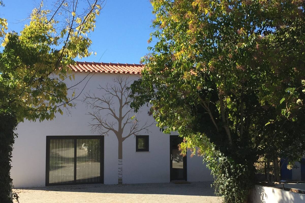 A building with a tiled roof, a paved courtyard, and a tree in the foreground.