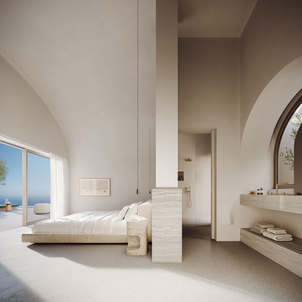 Villa, 2 Schlafzimmer, eigener Pool, Meerblick | Bettwäsche aus ägyptischer Baumwolle, hochwertige Bettwaren