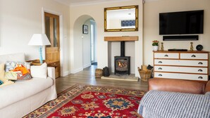A living room with a fireplace, a sofa, a television, and a patterned rug. - Jewel in the Garden of England - Two bedrooms (Lyminge)