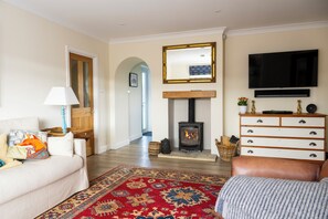 Älytelevisio, takka, kirjoja