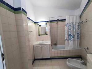 Shower, hair dryer, bidet, towels