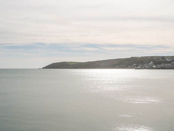 Une vue sur la côte, avec une mer calme, une colline lointaine parsemée de bâtiments et un ciel dégagé.