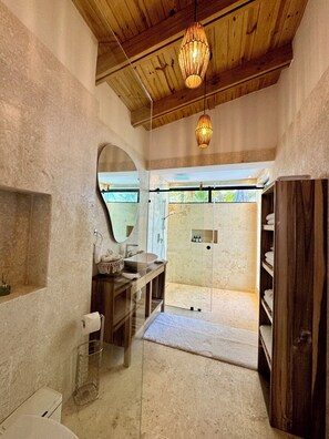 Shower, hair dryer, towels, soap