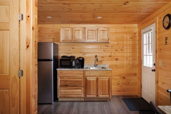 Fridge, microwave, coffee/tea maker, toaster