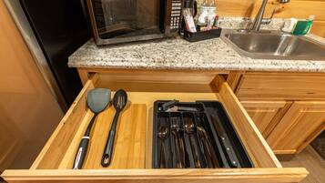 Microwave, stovetop, toaster, cookware/dishes/utensils