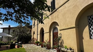 A courtyard with a paved walkway, potted plants, and a building with arched windows and doors.