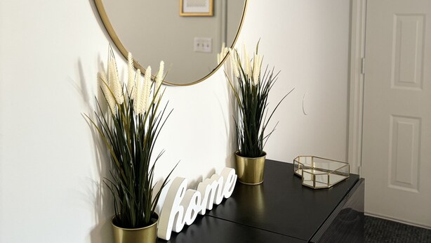 Une console noire avec un miroir rond, deux plantes en pot et une décoration portant l’inscription « chez soi ».