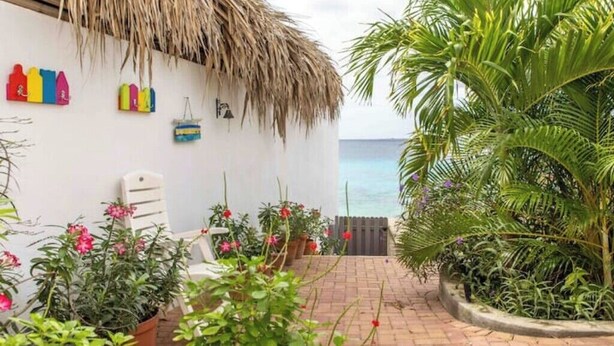 A patio with a thatched roof, potted plants, and a view of the sea. - Kasita di Mama (Kralendijk)
